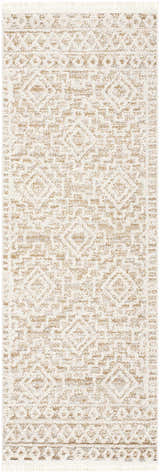 Close-up of the Chrishauna Area Rug, ivory and medium brown farmhouse style with geometric pattern and fringe. Design-Runner-2773