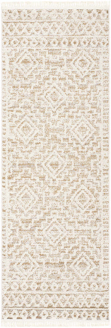 Close-up of the Chrishauna Area Rug, ivory and medium brown farmhouse style with geometric pattern and fringe. Design-Runner-2773
