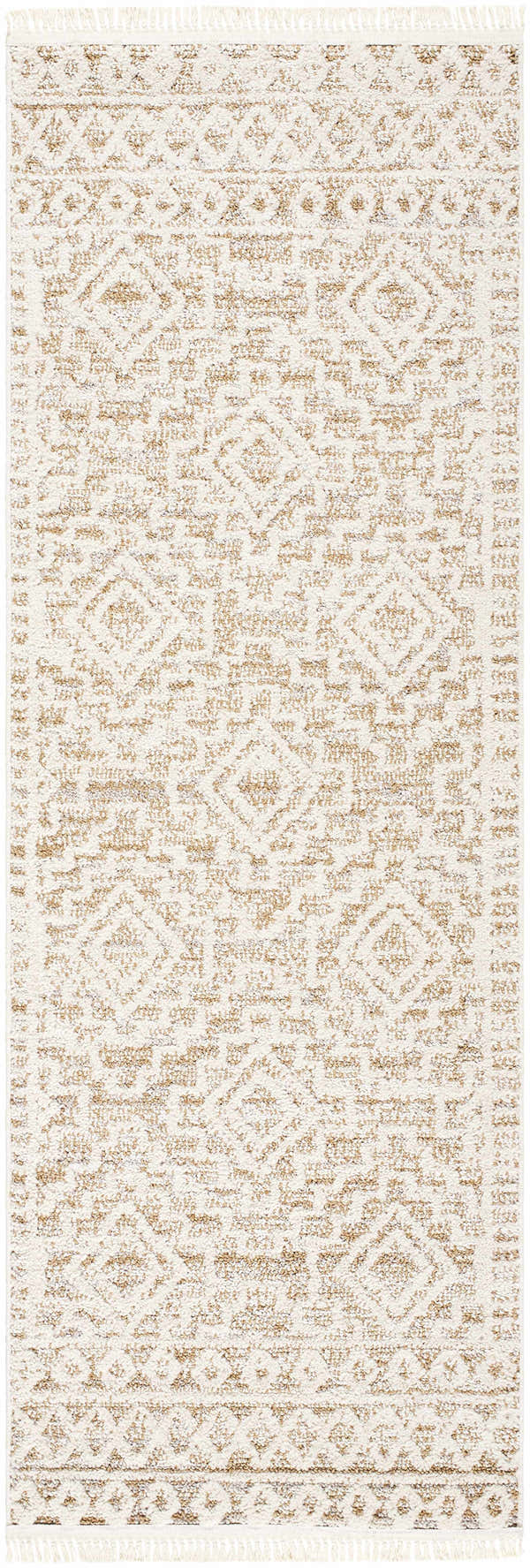 Close-up of the Chrishauna Area Rug, ivory and medium brown farmhouse style with geometric pattern and fringe. Design-Runner-2773