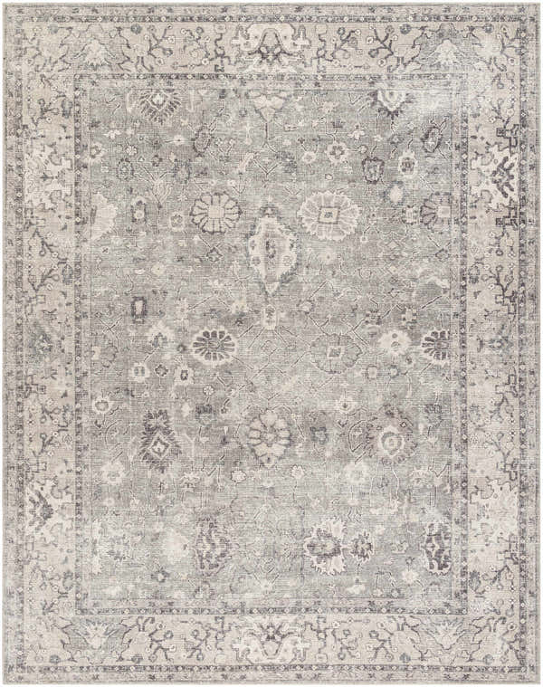Close-up of the Davina Machine Woven Becki Owens x LIVABLISS BOCC-2301 Area Rug. Traditional floral pattern in charcoal, gray, taupe, and white. Design-Rectangle-71010