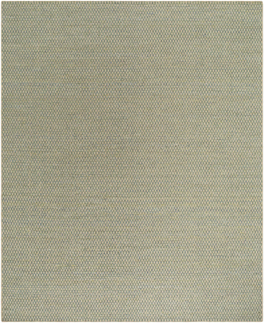 Close-up of Verdel Sage rug showing a woven texture with sage, tan, and teal threads in a small-scale geometric pattern. Design-Rectangle-810