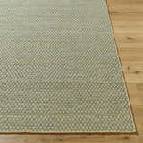 Close up of Verdel Sage Cottage Farmhouse Wool Handmade Area Rug showing sage, tan, and teal woven texture. Front