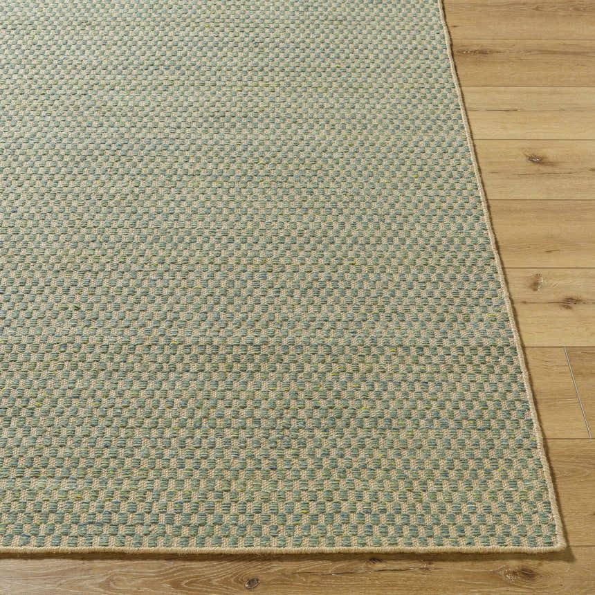Close up of Verdel Sage Cottage Farmhouse Wool Handmade Area Rug showing sage, tan, and teal woven texture. Front