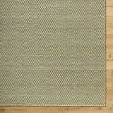 Close-up of Verdel Sage rug showing a woven sage and tan pattern on wood floor. Farmhouse style. Corner