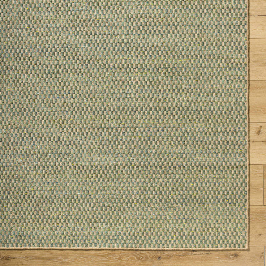 Close-up of Verdel Sage rug showing a woven sage and tan pattern on wood floor. Farmhouse style. Corner