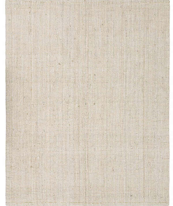 Close-up of the Ambel Cream Jute Rug. Hand-woven rug with a subtle striped pattern and natural jute texture. Bone and beige tones. Design-Rectangle