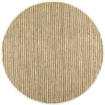 Close-up of round Ambel Tan Camel Jute Area Rug showing natural jute and off-white vertical stripes and woven texture. Design-Round-8