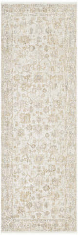 Close-up of the Sashi Tan Luxe Area Rug, showcasing its traditional design, ash, light silver, and tan colors. Design-Runner-27710