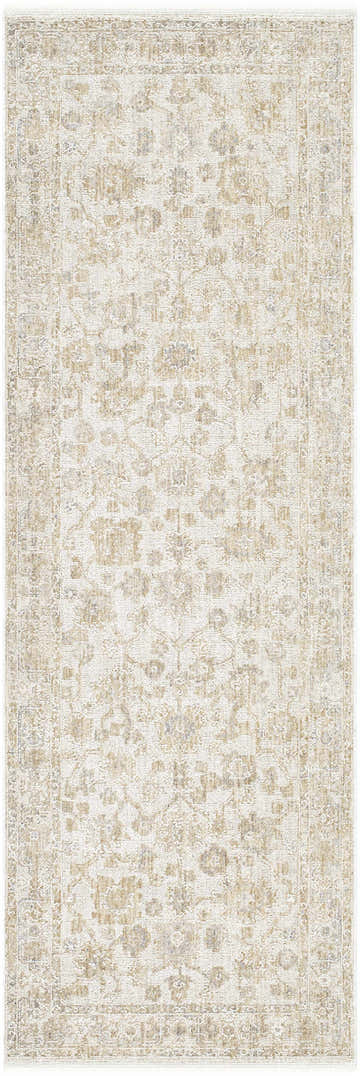 Close-up of the Sashi Tan Luxe Area Rug, showcasing its traditional design, ash, light silver, and tan colors. Design-Runner-27710