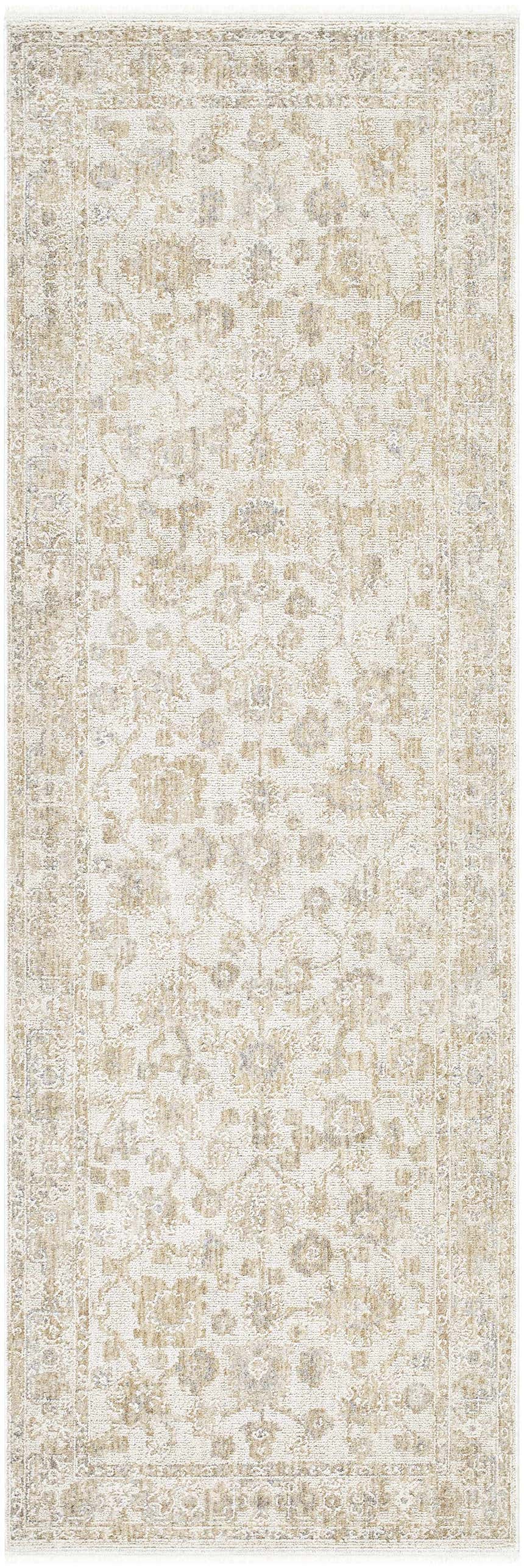 Close-up of the Sashi Tan Luxe Area Rug, showcasing its traditional design, ash, light silver, and tan colors. Design-Runner-27710