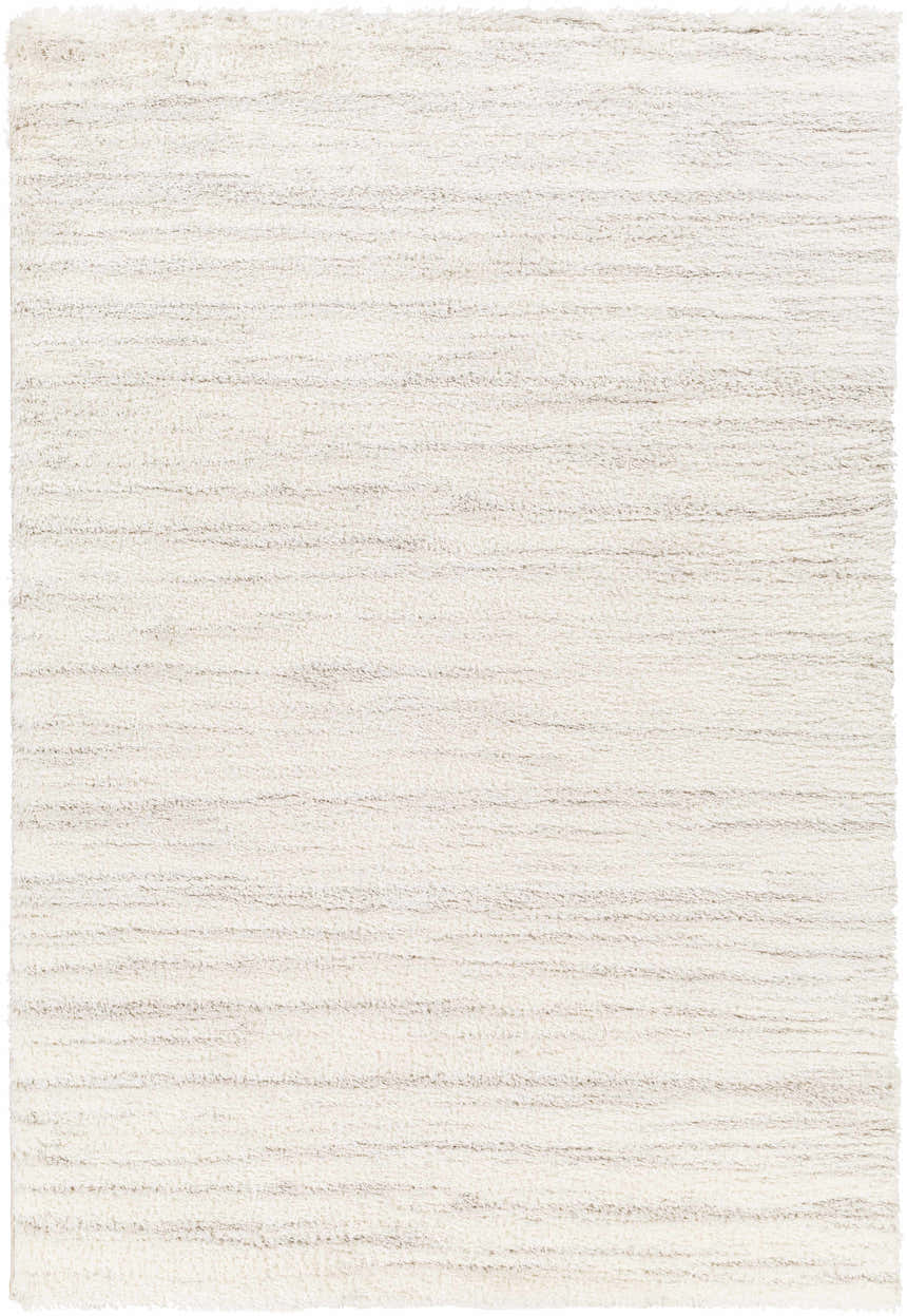Close-up of the Livabliss Cloudy Shag CDG-2307 rug. Soft, off-white polyester shag with subtle gray horizontal striations. Design-Rectangle-537
