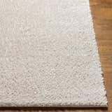 Close-up of the plush, off-white Livabliss Cloudy Shag CDG-2307 rug showing texture and shag pile on wood floor. Front