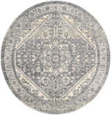 Close-up of round Ailsa Area Rug. Dark gray, gray, and lambswool traditional rug with a central medallion pattern. Design-Round-67
