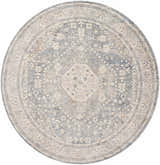 Close-up of round Artan Area Rug in gray and natural tones with a traditional, distressed design. Design-Round-67