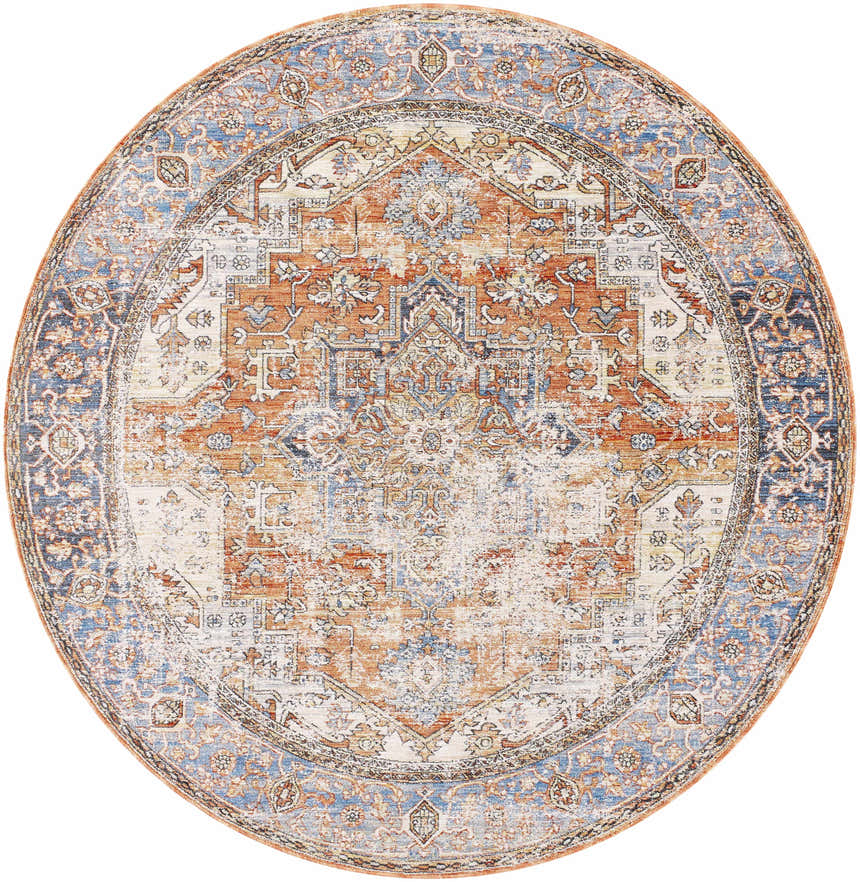 Detailed round Basim Area Rug with a traditional design in bone, charcoal, copper, and blue. Design-Round-67