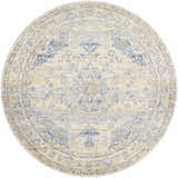 Close-up of round Bora Area Rug - Clearance. Traditional style rug in camel, copper, blue, and gray tones. Machine woven polyester. Design-Round-67