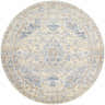 Close-up of round Bora Area Rug - Clearance. Traditional style rug in camel, copper, blue, and gray tones. Machine woven polyester. Design-Round-67