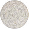 Close-up of a round Clee Area Rug in driftwood, gray, and nutmeg. Traditional floral pattern. Machine woven polyester rug. Design-Round-67