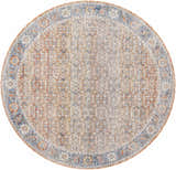 Close-up of the round Dalit Area Rug. Traditional design in clay, copper, denim, and lambswool colors. Design-Round-67
