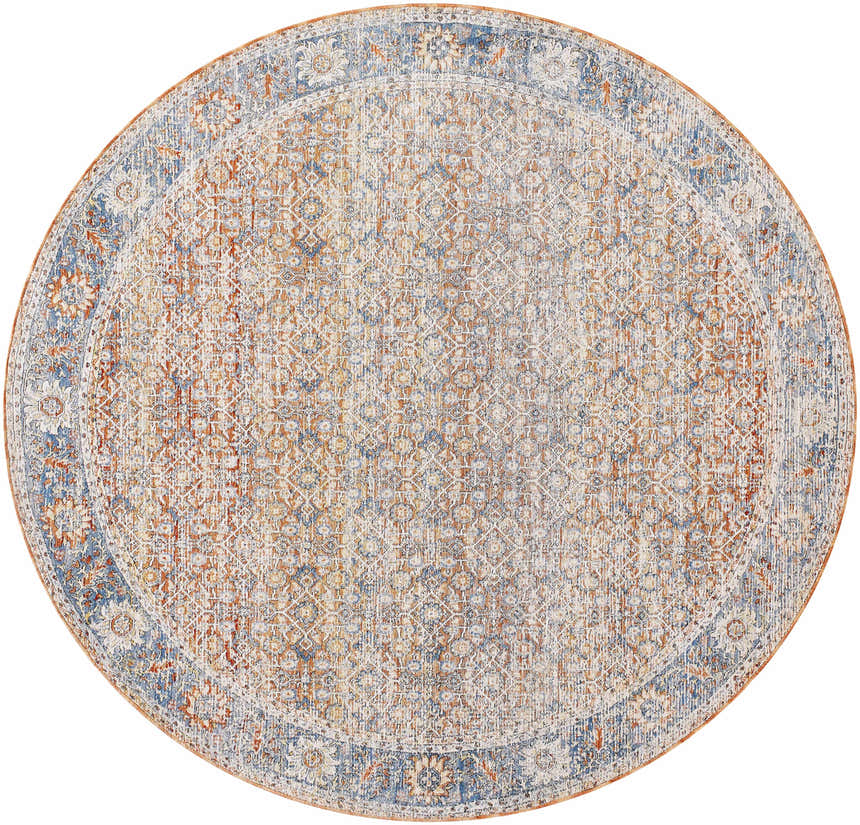 Close-up of the round Dalit Area Rug. Traditional design in clay, copper, denim, and lambswool colors. Design-Round-67