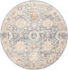 Close-up of the round Eytan Area Rug. Features a traditional design in cloud gray, dark beige, and multi brown tones. Design-Round-67