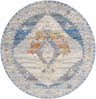 Round Shin Area Rug in clay, copper, denim, and gray. Farmhouse style rug with a traditional floral border pattern. Design-Round-67
