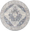 Round Unna Area Rug - Clearance. Traditional style rug in dusty sage, eggplant, and taupe with a geometric and floral pattern. Design-Round-67