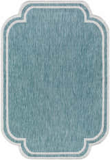 Close-up of the Arnola Light Blue Outdoor Rug, showing its aqua color and cream border. Design-Rectangle-537