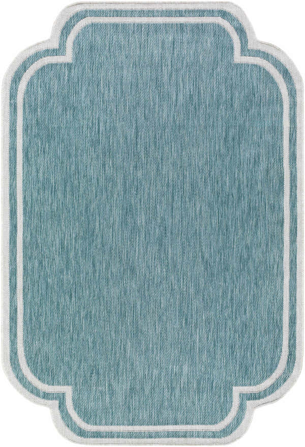 Close-up of the Arnola Light Blue Outdoor Rug, showing its aqua color and cream border. Design-Rectangle-537