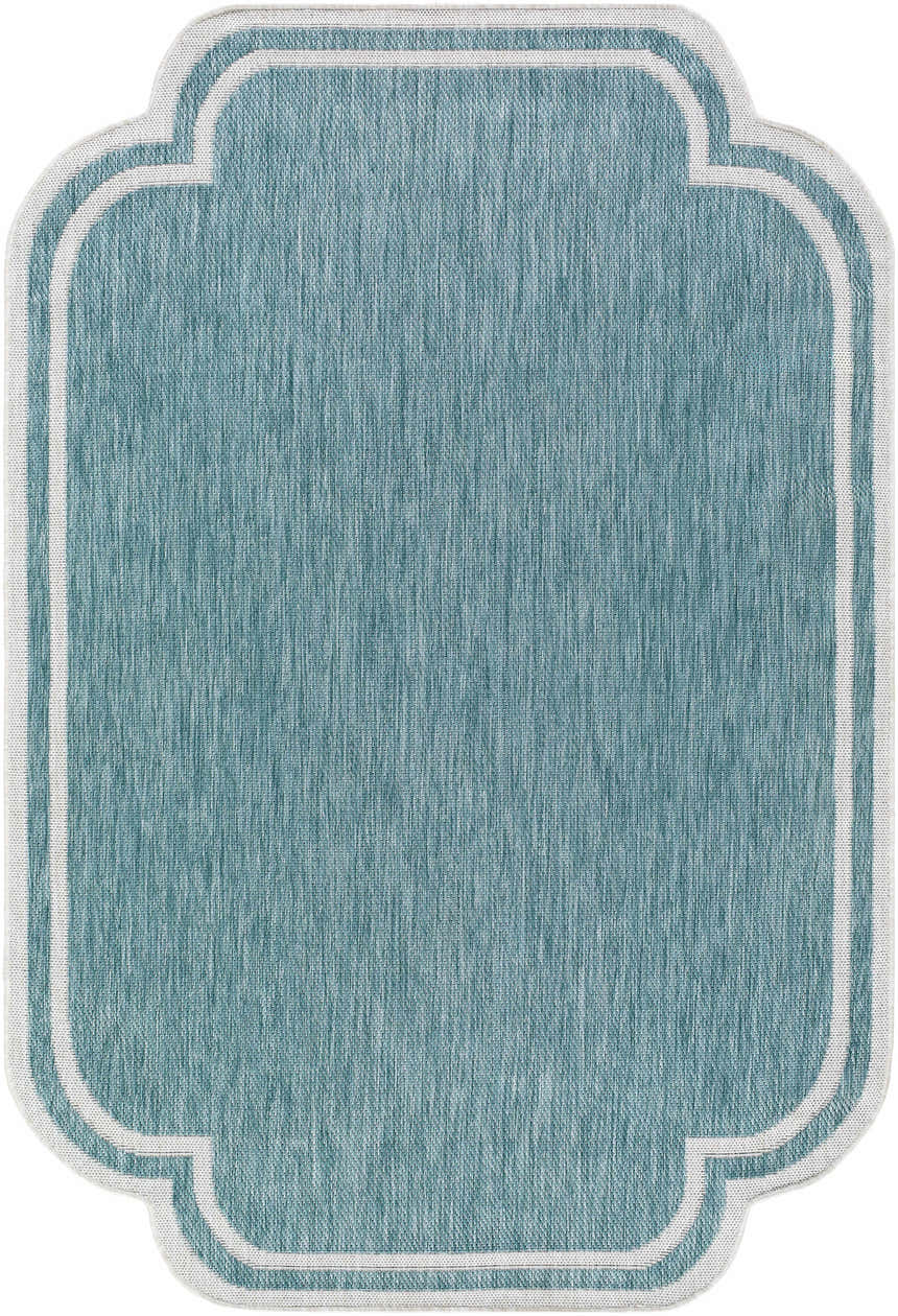 Close-up of the Arnola Light Blue Outdoor Rug, showing its aqua color and cream border. Design-Rectangle-537
