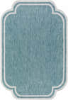Close-up of the Arnola Light Blue Outdoor Rug, showing its aqua color and cream border. Design-Rectangle-537