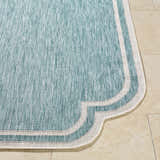 Close-up of Arnola Light Blue Outdoor Rug showing aqua color, cream border, and machine woven texture. Front