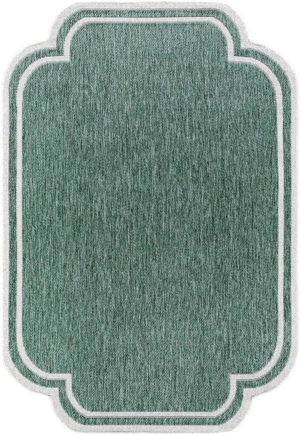 Close-up of the Arnola Green Outdoor Rug, featuring a cream border and a unique quatrefoil shape. Design-Rectangle-537
