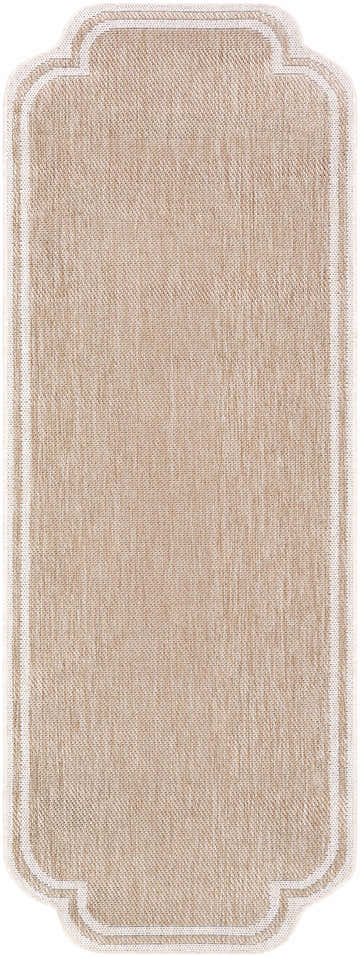 Close-up of Arnola Tan outdoor rug. Farmhouse style runner rug in cream and tan with a unique shaped border. Design-Runner-2773