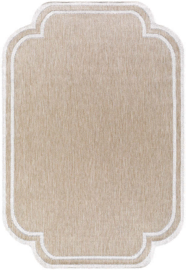 Close-up of Arnola Tan outdoor rug featuring a cream border and farmhouse style weave. Design-Rectangle-537