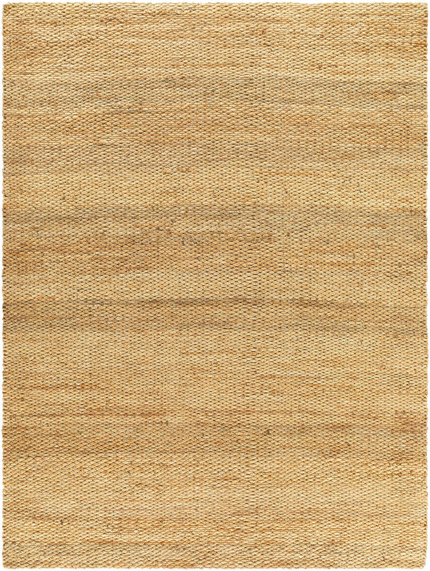 Close-up of the Olof Hand Woven Jute Rug showing caramel, copper, and natural jute colors and hand woven texture. Design-Rectangle-811
