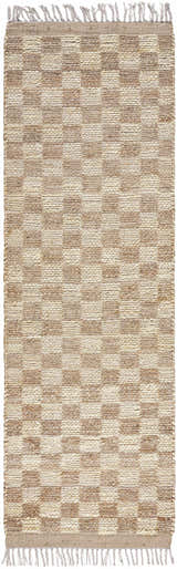 Close-up of the Ionut Checkered Jute Area Rug. Hand-woven rug with a beige and tan checkered pattern and fringed edges. Design-Runner-268