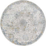 Close-up of round Alroy Textured Rug. Neutral gray, light gray, and gold distressed traditional pattern. Design-Round-67