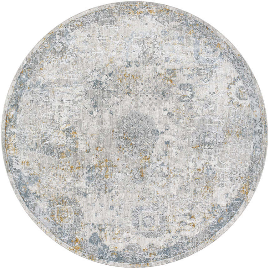 Close-up of round Alroy Textured Rug. Neutral gray, light gray, and gold distressed traditional pattern. Design-Round-67