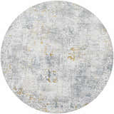Close-up of the round Fleur Textured Rug. Features a gray, white, and gold abstract pattern. Design-Round-67