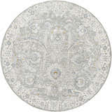 Round Gauge Gray Blue Textured Rug with a traditional floral pattern and subtle brown and gold accents. Design-Round-67