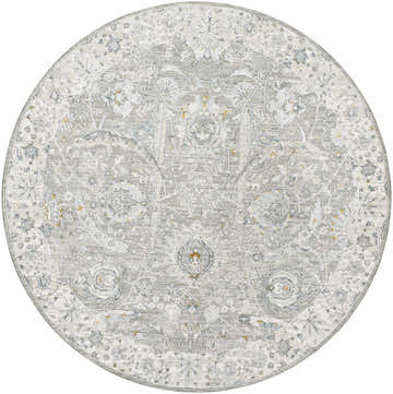 Round Gauge Gray Blue Textured Rug with a traditional floral pattern and subtle brown and gold accents. Design-Round-67