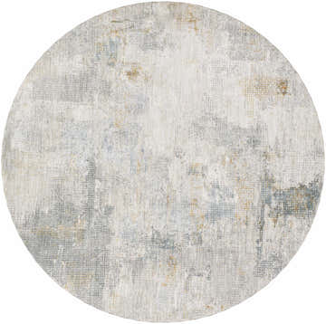 Close-up of round Gryta Textured Rug. Contemporary design with gray, light gray, and gold abstract pattern. Design-Round-67