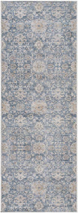 Close-up of the Metin Area Rug. Light gray and natural gray farmhouse style rug with a traditional floral pattern. Design-Runner-2773