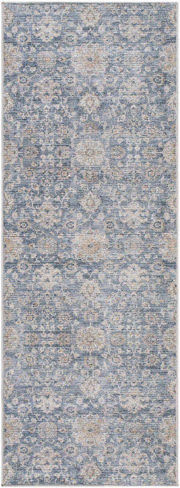 Close-up of the Metin Area Rug. Light gray and natural gray farmhouse style rug with a traditional floral pattern. Design-Runner-2773