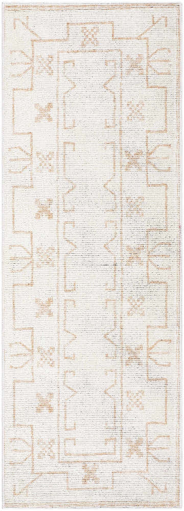 Close-up of Padma Area Rug in beige and bone. Farmhouse style rug with geometric and floral pattern. Design-Runner-2773