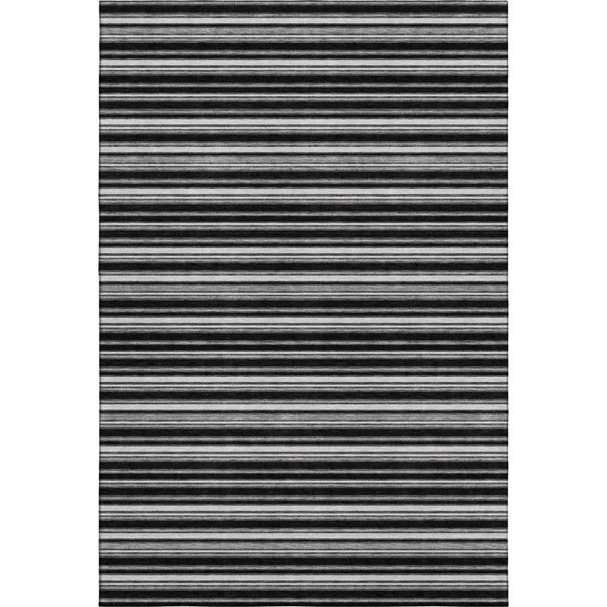 Close-up of Dalyn Luxury Soft Essentials SE2 Black Washable Area Rug with horizontal black and gray stripes.