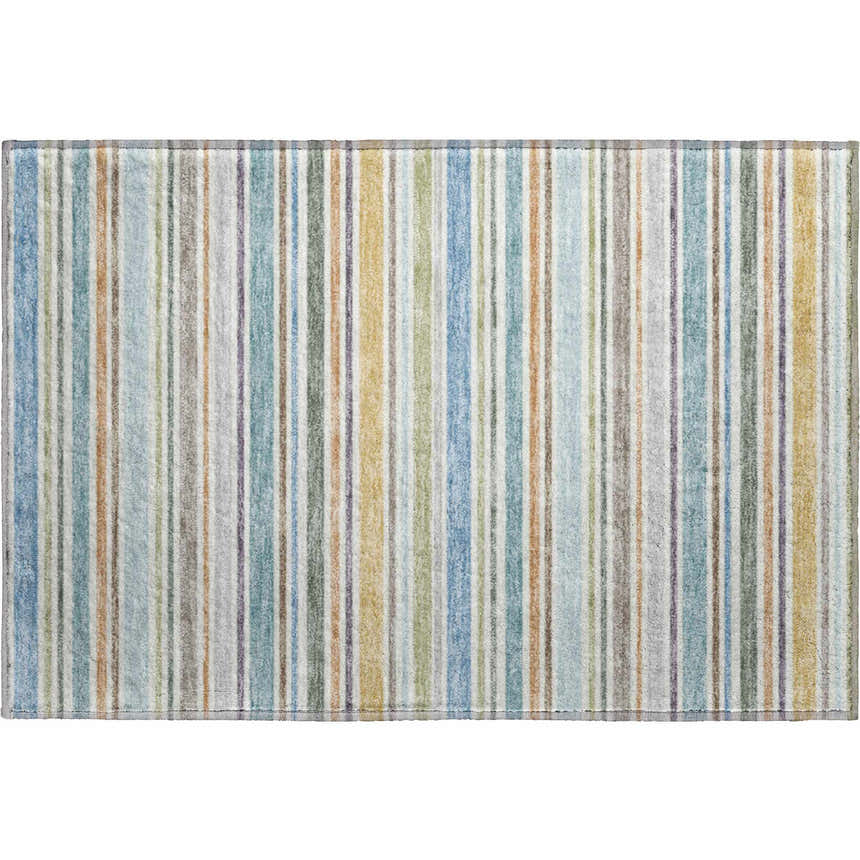 Dalyn Luxury Soft Essentials Seaside rug with vertical stripes in blue, gold, gray, and purple.