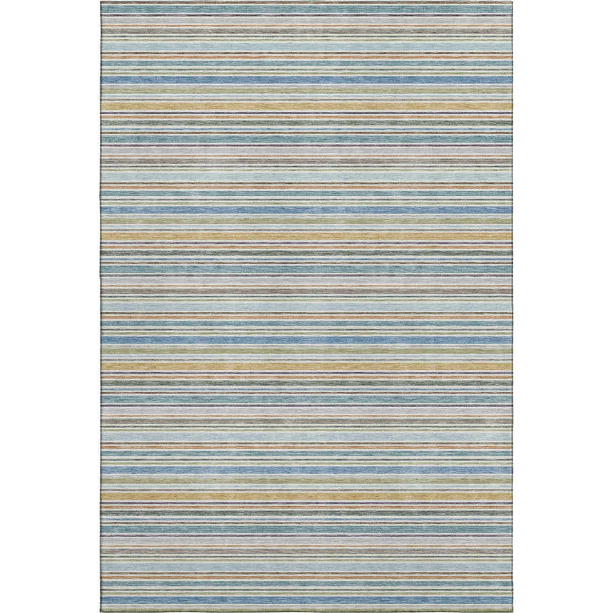 Dalyn Luxury Soft Essentials Seaside rug with blue, green, and tan stripes. Washable area rug.