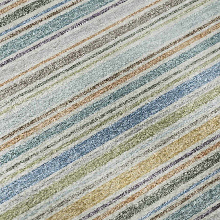 Close-up of Dalyn Luxury Soft Essentials Seaside rug featuring a striped pattern in blue, green, brown, and gray.